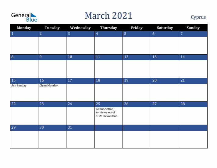 March 2021 Cyprus Calendar (Monday Start)