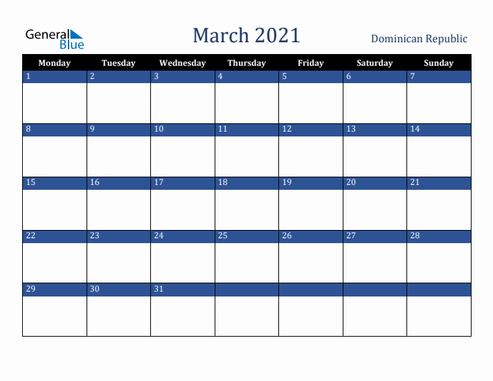 March 2021 Dominican Republic Calendar (Monday Start)