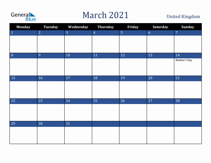 March 2021 United Kingdom Calendar (Monday Start)