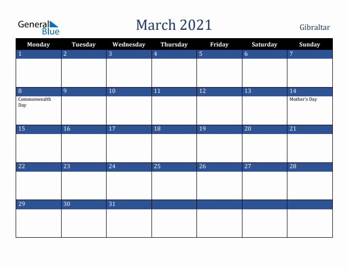 March 2021 Gibraltar Calendar (Monday Start)