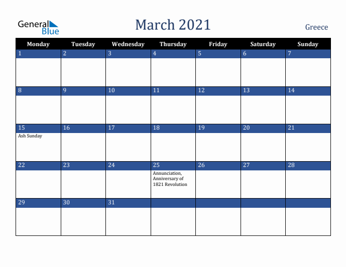 March 2021 Greece Calendar (Monday Start)