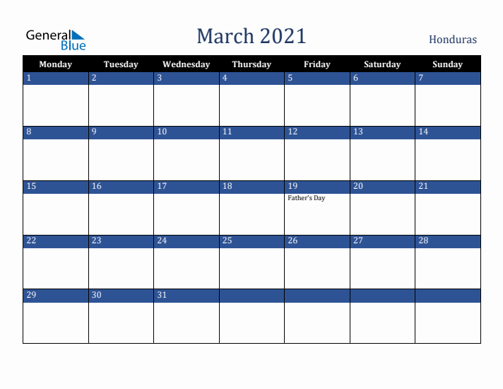 March 2021 Honduras Calendar (Monday Start)