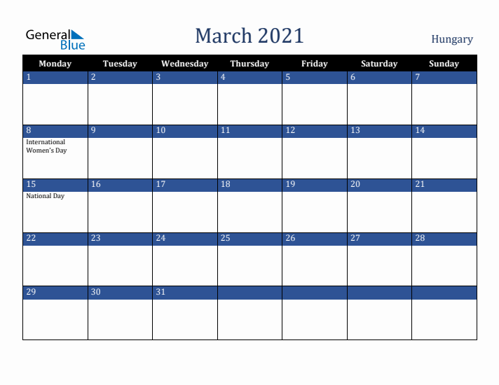 March 2021 Hungary Calendar (Monday Start)