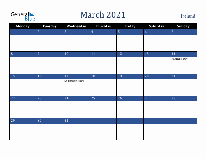 March 2021 Ireland Calendar (Monday Start)