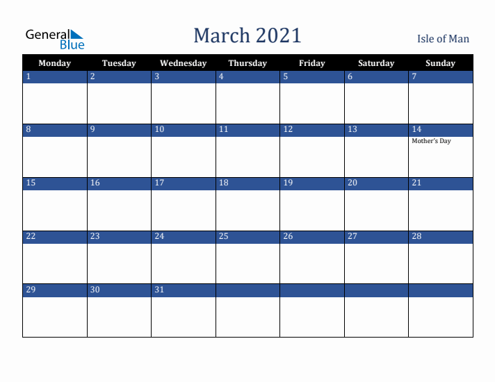 March 2021 Isle of Man Calendar (Monday Start)