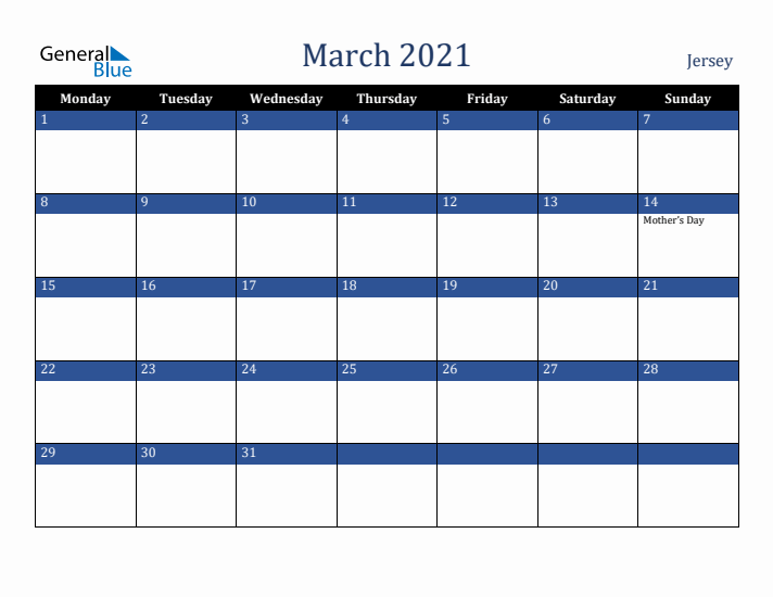 March 2021 Jersey Calendar (Monday Start)