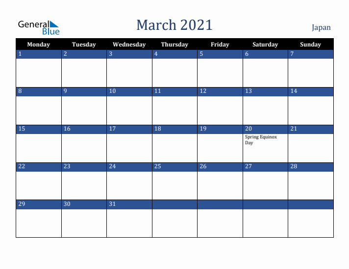 March 2021 Japan Calendar (Monday Start)