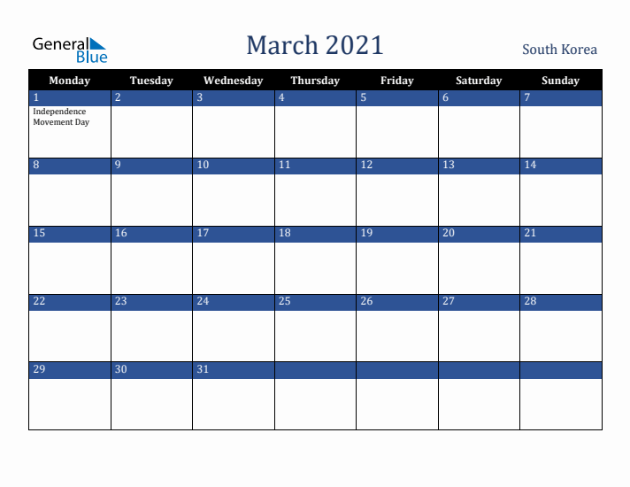 March 2021 South Korea Calendar (Monday Start)
