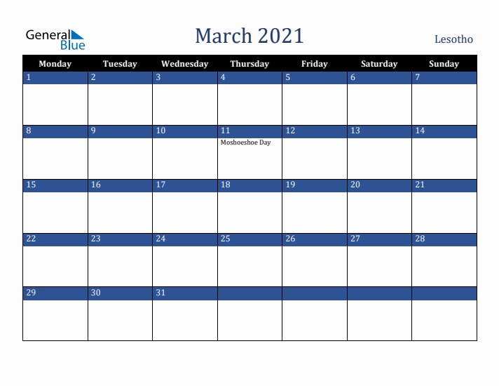 March 2021 Lesotho Calendar (Monday Start)