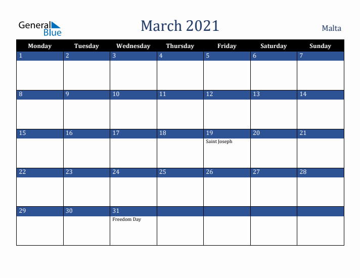 March 2021 Malta Calendar (Monday Start)