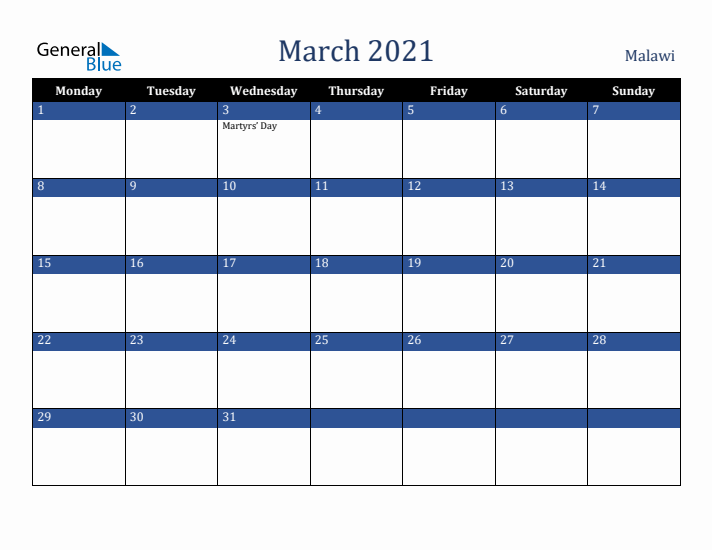 March 2021 Malawi Calendar (Monday Start)