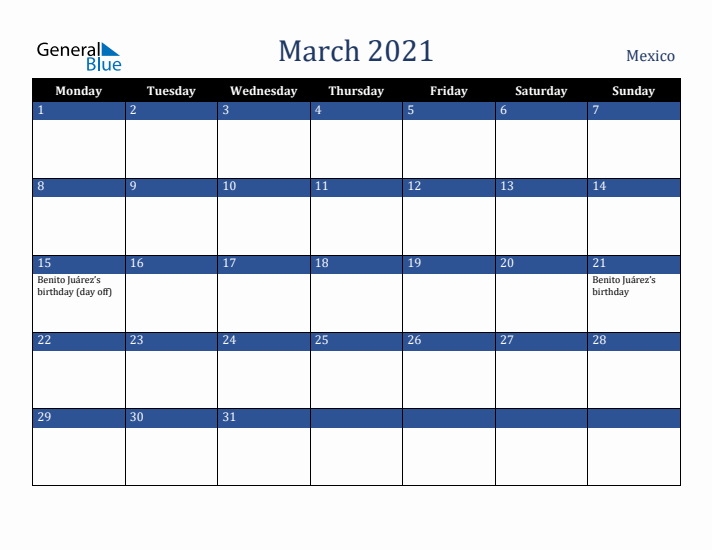 March 2021 Mexico Calendar (Monday Start)