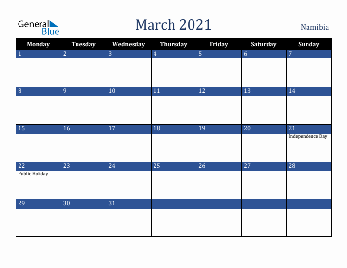 March 2021 Namibia Calendar (Monday Start)