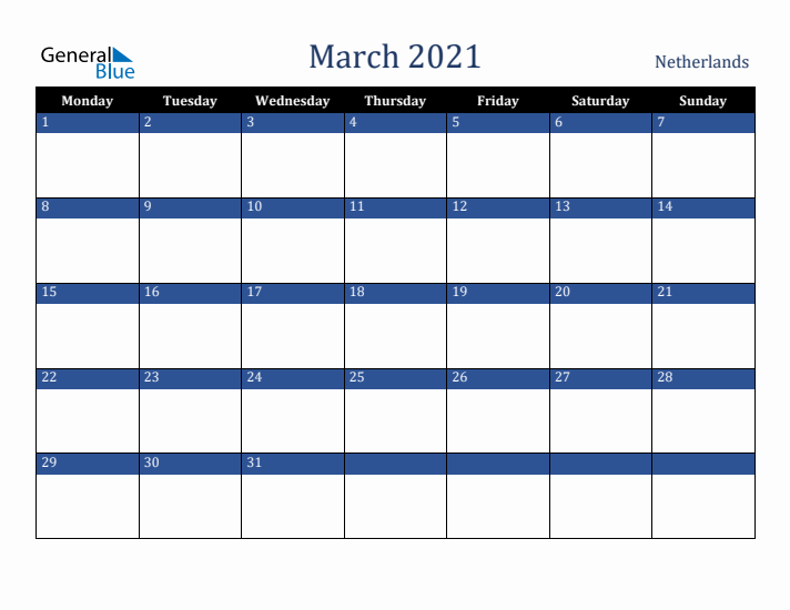 March 2021 The Netherlands Calendar (Monday Start)