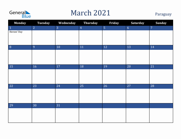 March 2021 Paraguay Calendar (Monday Start)