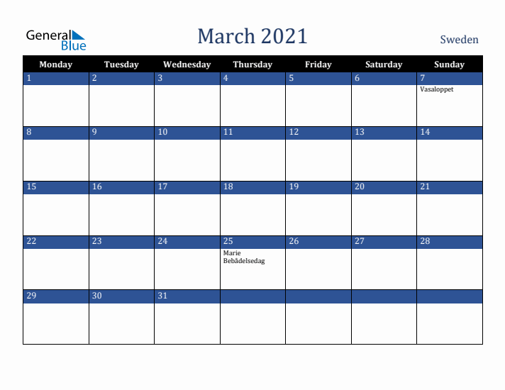 March 2021 Sweden Calendar (Monday Start)
