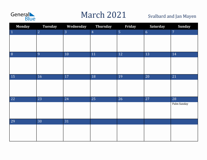 March 2021 Svalbard and Jan Mayen Calendar (Monday Start)