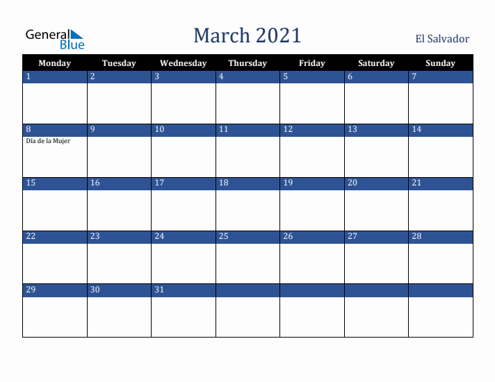 March 2021 El Salvador Calendar (Monday Start)
