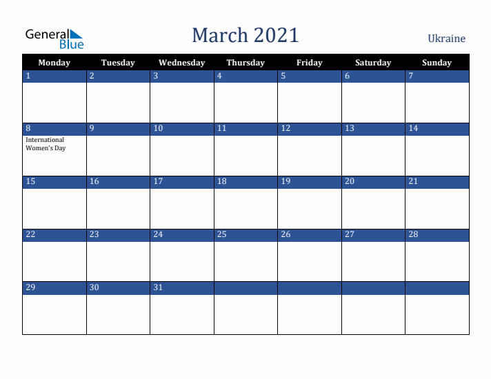 March 2021 Ukraine Calendar (Monday Start)