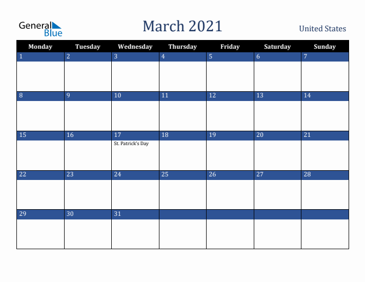 March 2021 United States Calendar (Monday Start)