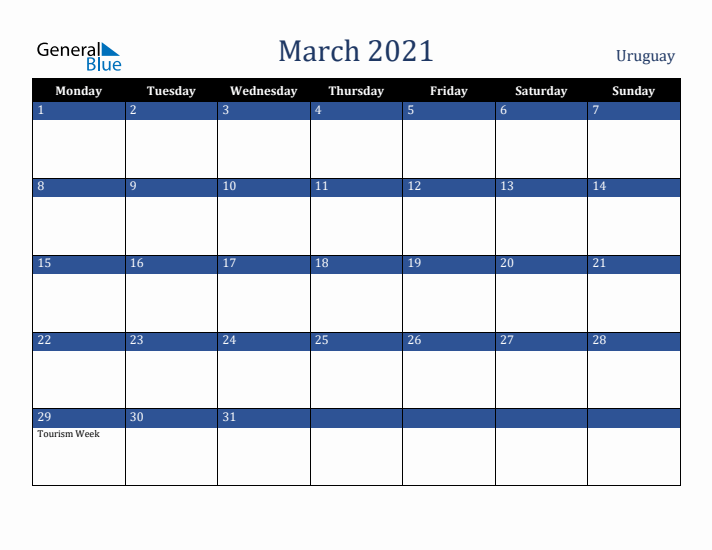 March 2021 Uruguay Calendar (Monday Start)