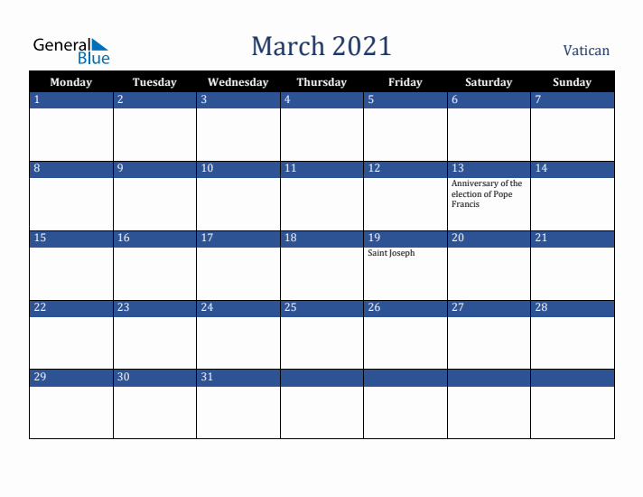 March 2021 Vatican Calendar (Monday Start)