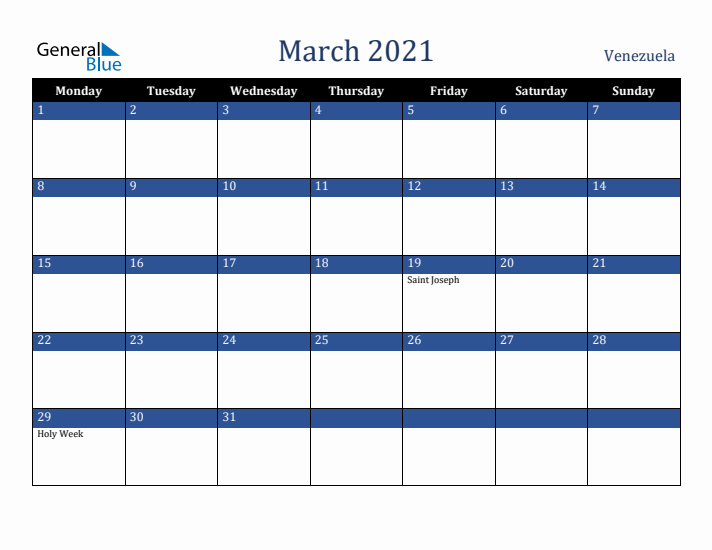 March 2021 Venezuela Calendar (Monday Start)
