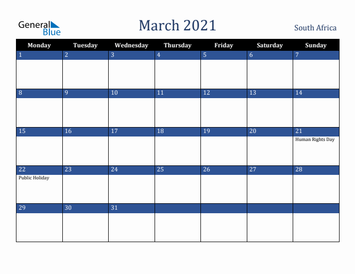 March 2021 South Africa Calendar (Monday Start)