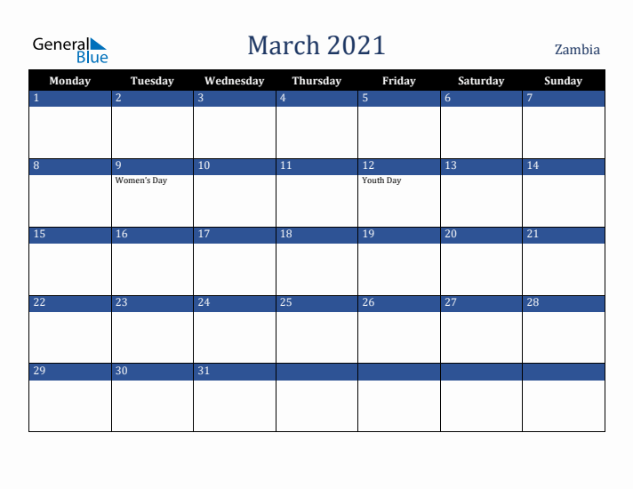 March 2021 Zambia Calendar (Monday Start)