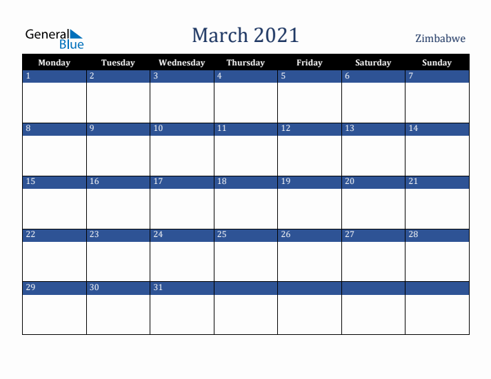 March 2021 Zimbabwe Calendar (Monday Start)