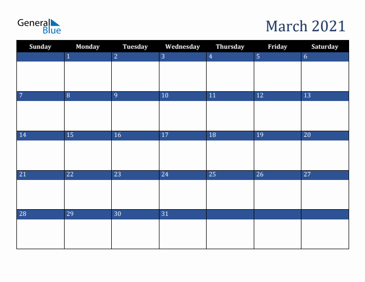 Sunday Start Calendar for March 2021