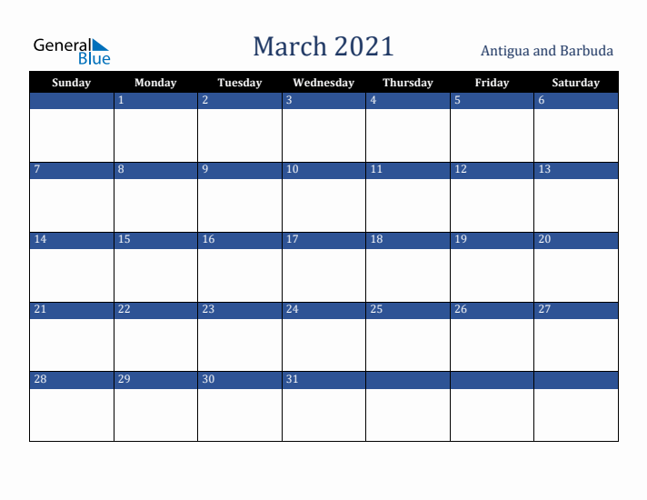 March 2021 Antigua and Barbuda Calendar (Sunday Start)