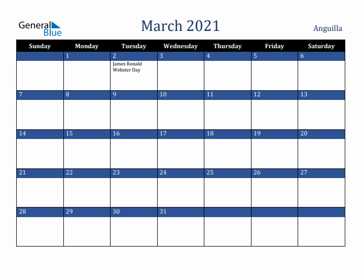 March 2021 Anguilla Calendar (Sunday Start)