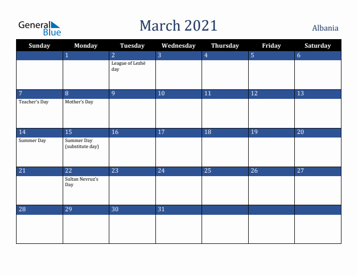 March 2021 Albania Calendar (Sunday Start)