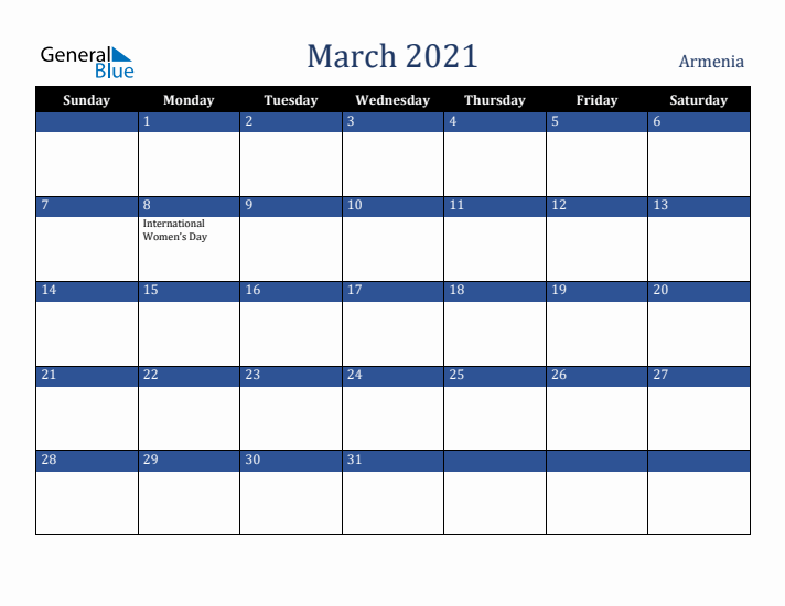 March 2021 Armenia Calendar (Sunday Start)