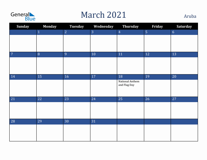 March 2021 Aruba Calendar (Sunday Start)