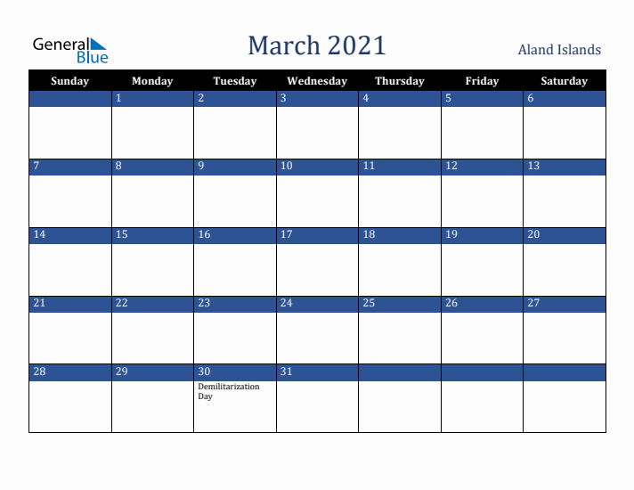 March 2021 Aland Islands Calendar (Sunday Start)