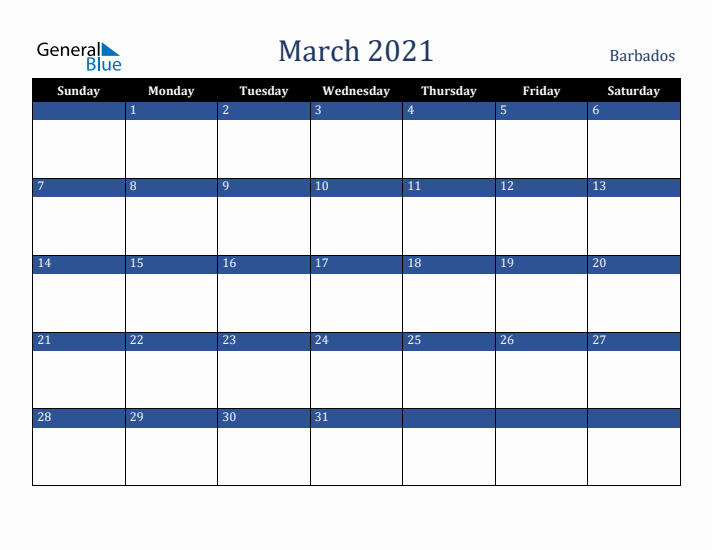 March 2021 Barbados Calendar (Sunday Start)
