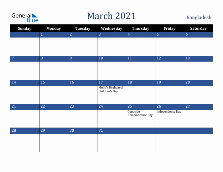 March 2021 Bangladesh Calendar (Sunday Start)