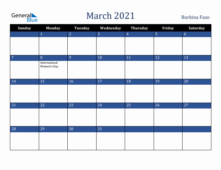 March 2021 Burkina Faso Calendar (Sunday Start)