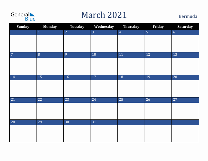 March 2021 Bermuda Calendar (Sunday Start)