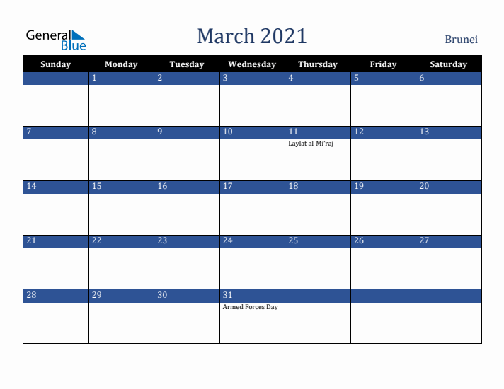 March 2021 Brunei Calendar (Sunday Start)