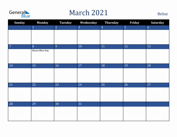 March 2021 Belize Calendar (Sunday Start)