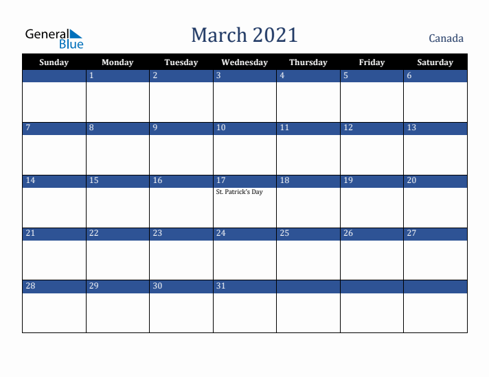 March 2021 Canada Calendar (Sunday Start)
