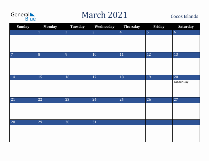 March 2021 Cocos Islands Calendar (Sunday Start)