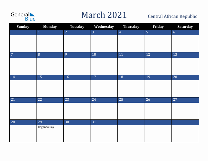 March 2021 Central African Republic Calendar (Sunday Start)