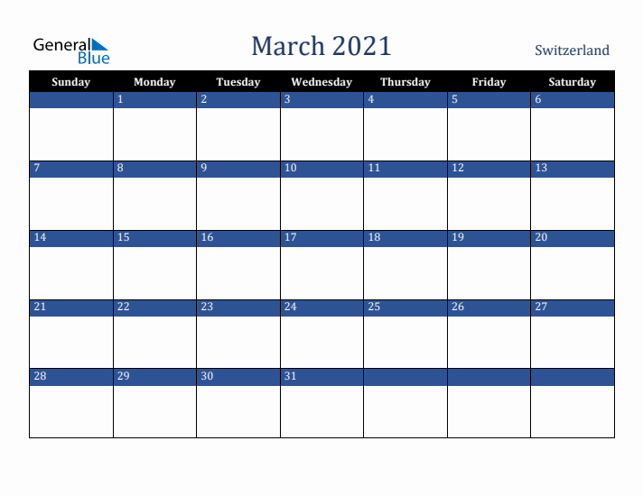 March 2021 Switzerland Calendar (Sunday Start)