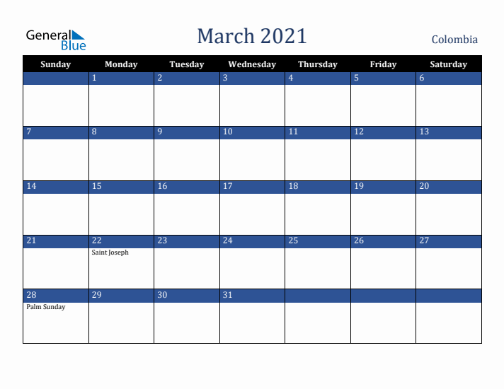 March 2021 Colombia Calendar (Sunday Start)