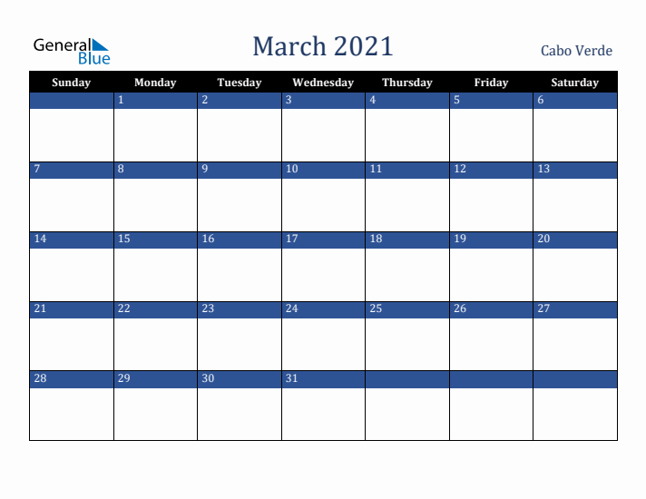 March 2021 Cabo Verde Calendar (Sunday Start)