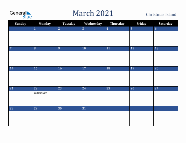 March 2021 Christmas Island Calendar (Sunday Start)